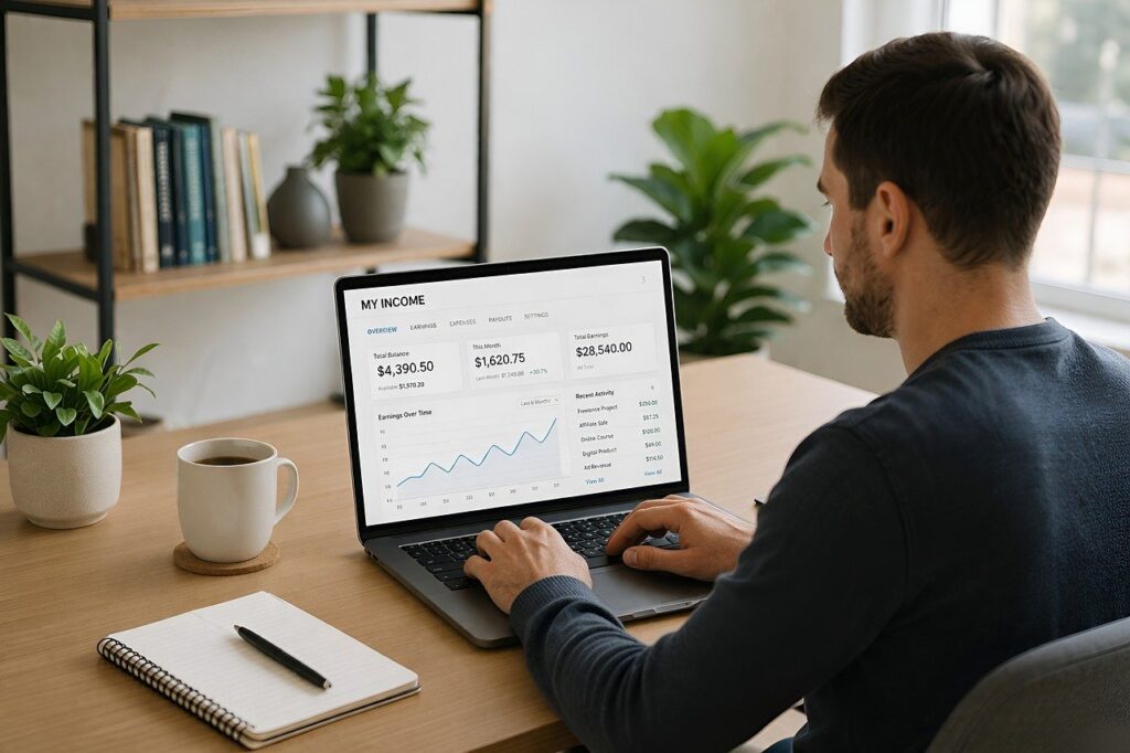 home office, laptop, natural light, work area, analytics, financial dashboard, freelancing, productivity, desk, income chart, office plants, work concept, professional work, note-taking, work mode, business principles, economic situation, financial analysis, employment